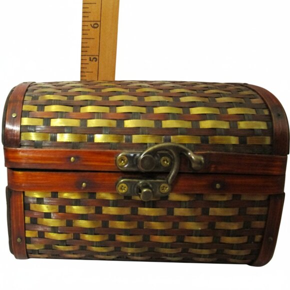 Rare Vintage Woven Wood & Brass Strip Box Unique Antique Keepsake Chest Artisan - Picture 7 of 8
